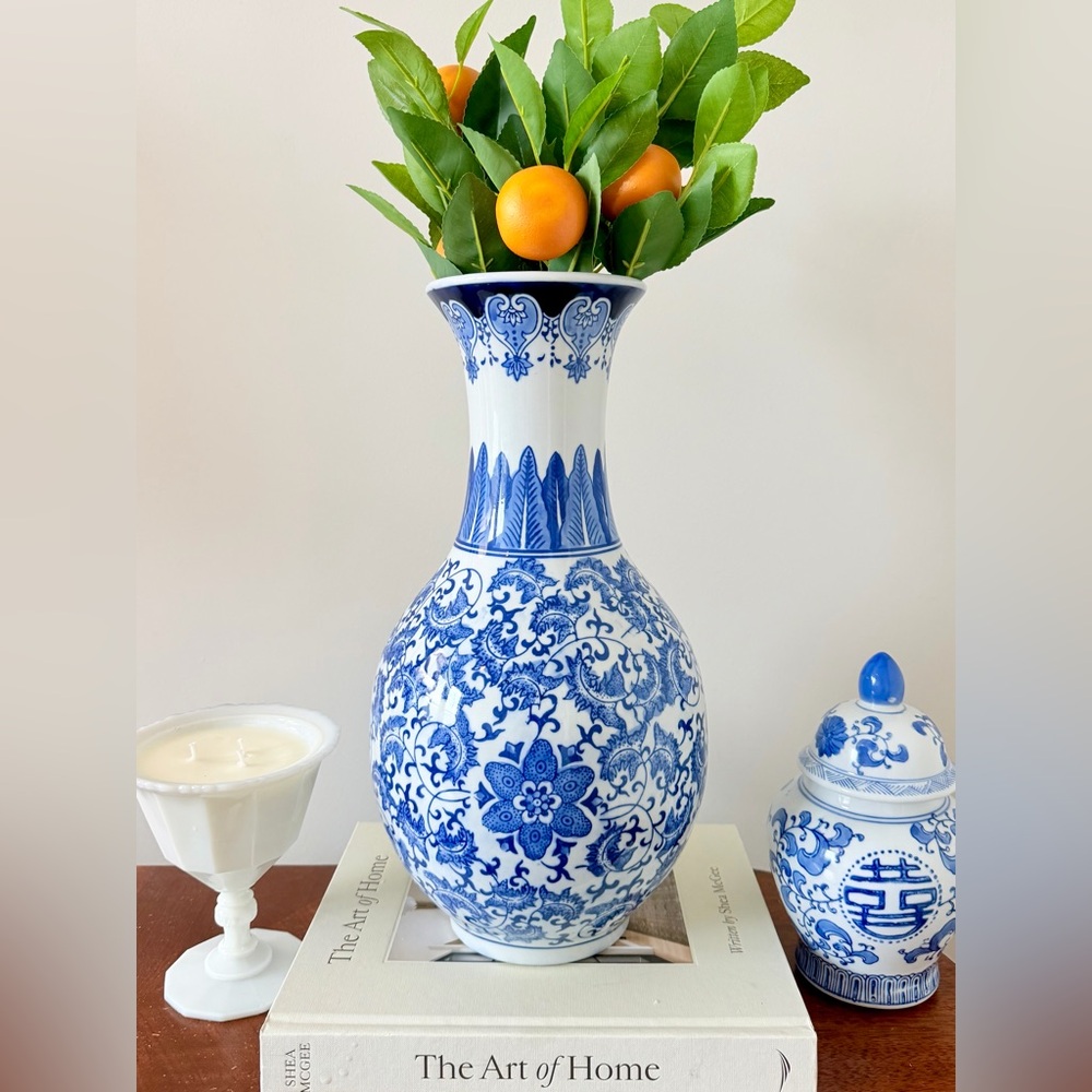 Large Vintage Blue & White Chinoiserie Vase | 15” Floral Scroll Porcelain Vase